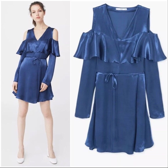 Blue Satin Romantic Off Shoulder Dress - Picture 3 of 4